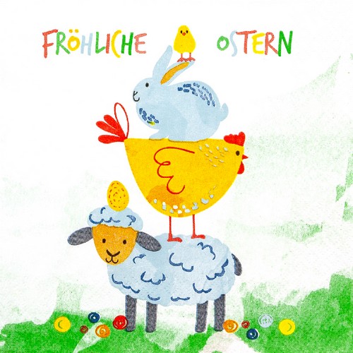 20 Servietten Fröhliche Ostern - Frühlingstiere übereinander 33x33cm