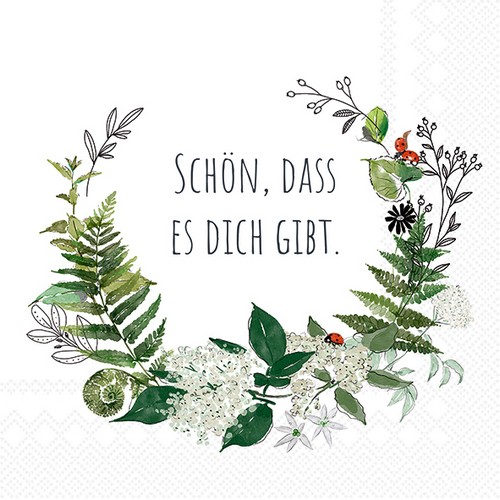20 Servietten Schön, dass es dich gibt - Spruch im Blätterkranz 33x33cm