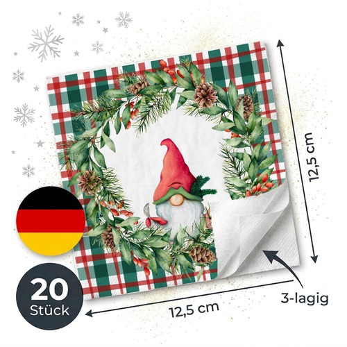 20 kleine Cocktailservietten Xmas check - Gnom auf Karo 25x25cm