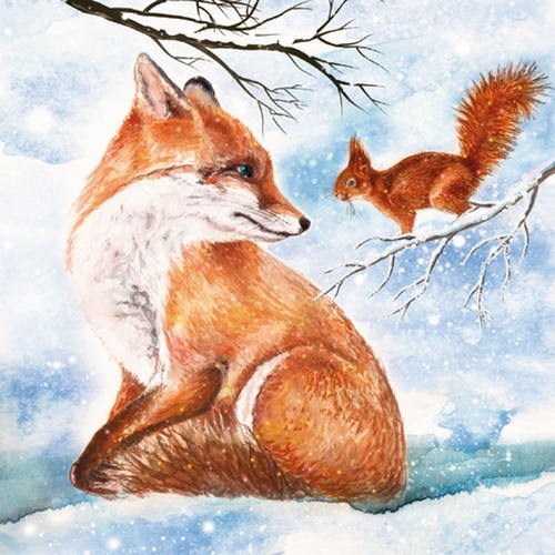 20 Servietten Amicizia - Fuchs besucht Eichhörnchen 33x33cm