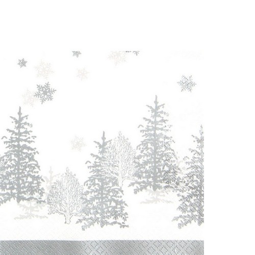 20 kleine Cocktailservietten Tree and Snowflakes - Bäume & Schneeflocken silber 25x25cm