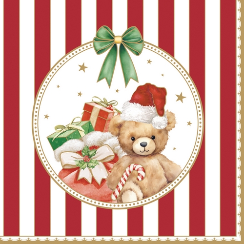 20 Servietten Cozy Christmas - Weihnachtsteddy auf rote Streifen 33x33cm