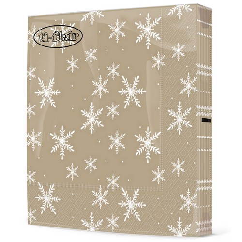 20 Servietten Snöflingör taupe - Weiße Schneekristalle auf taupe 33x33cm