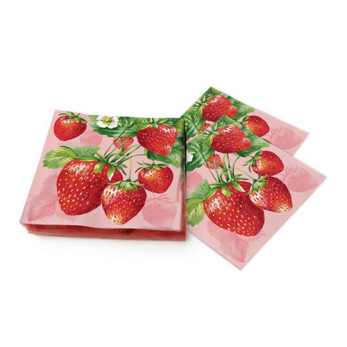 20 Servietten Strawberry Fruits red - Große Erdbeeren auf rosa 33x33cm