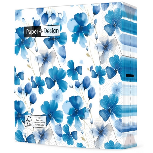 20 Servietten Everbloom blue - Gemalte blaue Blüten 33x33cm