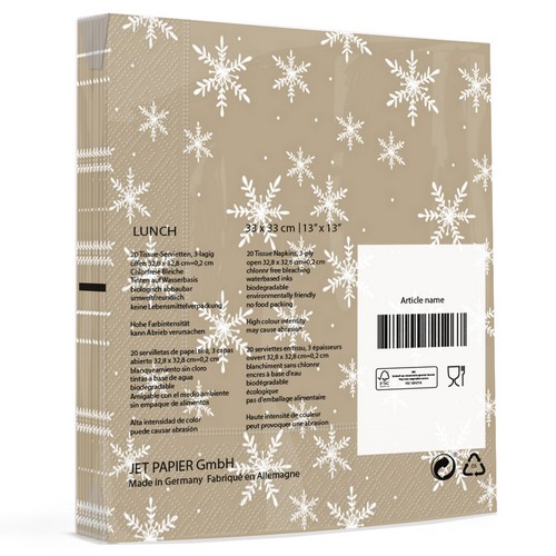 20 Servietten Snöflingör taupe - Weiße Schneekristalle auf taupe 33x33cm