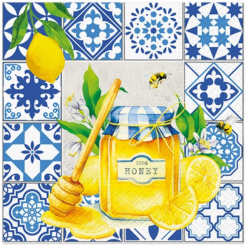 20 Servietten Citrus and Honey - Honig und Zitronen auf Fliesen 33x33cm