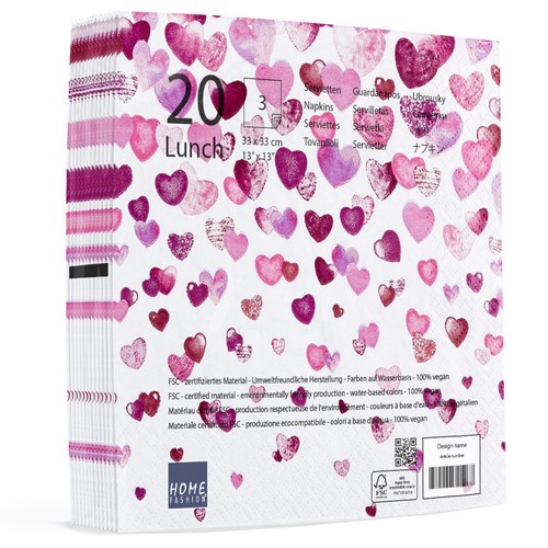 20 Servietten Lovely Hearts - Rosa Herzregen 33x33cm