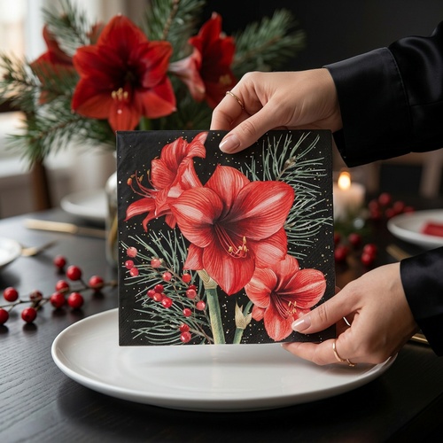 20 Servietten Bouquet Hivernal dÁmaryllis black - Roter Amaryllis auf schwarz 33x33cm