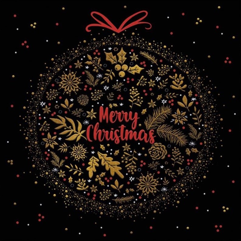 20 Servietten Merry Christmas Bauble on black - Weihnachtskugel mit Merry Christmas 33x33cm