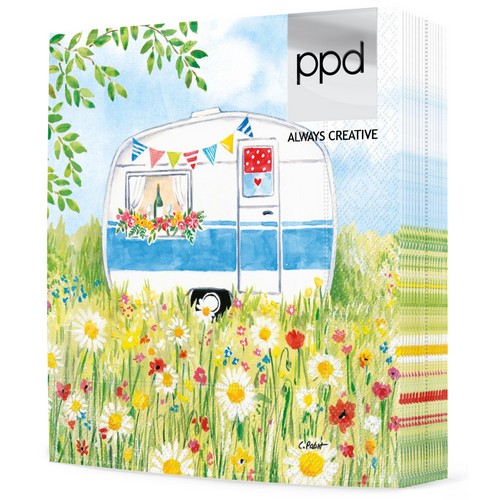 20 Servietten Happy Camping - Campingwagen im Blumenfeld 33x33cm
