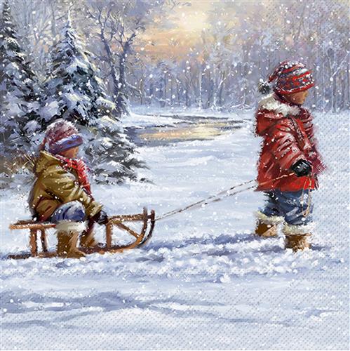 20 Servietten Winter Sleigh Ride - Kind zieht Schlitten 33x33cm