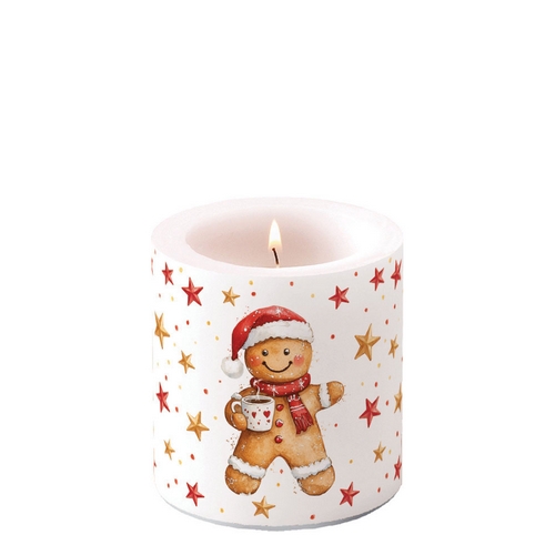 Kerze rund klein Cocoa and Cookie - Lebkuchenfigur mit Kakao Ø 7,5cm, Höhe 9cm