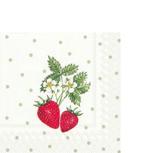 20 kleine Cocktailservietten Little lovely Strawberries - Einzelne Erdbeeren mit Punkte 25x25cm
