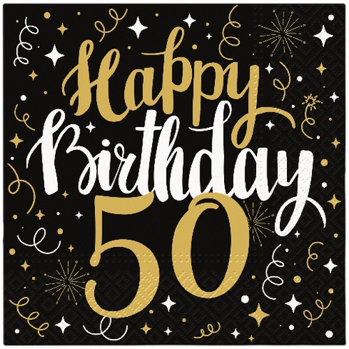 20 Servietten Gold Birthday 50 - Happy Birthday 50 schwarz-gold 33x33cm
