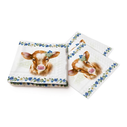 20 Servietten Auf der Alm - Kuh an Edelweissbordüre 33x33cm