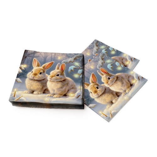20 Servietten Welcome Winter - Hasenpaar im Winterwald 33x33cm