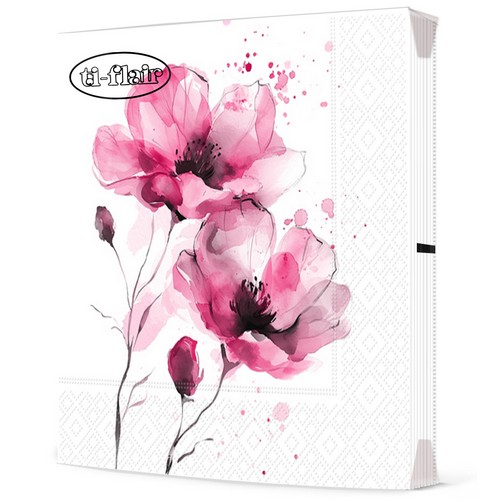 20 Servietten Fiori Delicati pink - Blumen rosa in Wasserfarben 33x33cm