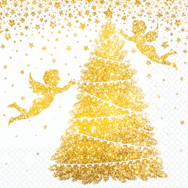 20 kleine Cocktailservietten Glorious Angels - Goldene Engel am Baum 25x25cm