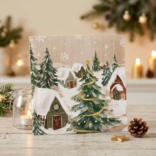 20 Servietten Gilded Village cream - Weihnachtsbaum inmitten der Stadt 33x33cm