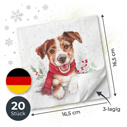 20 Servietten Louie - Niedlicher Hund mit Schal 33x33cm