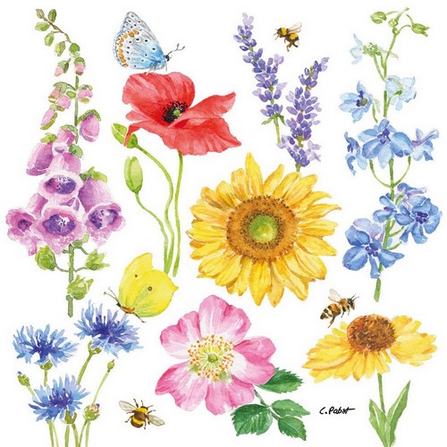 20 Servietten Flowers & Bees - Naturelemente und Tiere 33x33cm