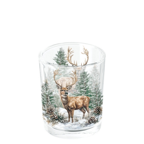 Teelichtglas Winter Stag white - Eleganter Hirsch im Winterwald Ø4,5cm, Höhe 7cm