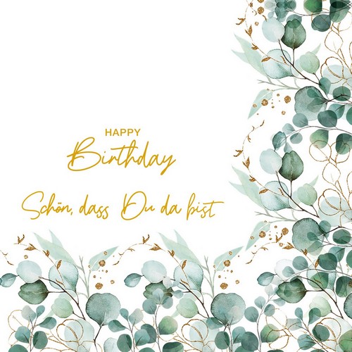 20 Servietten Eucalyptus Frame Happy Birthday - Eukalyptus Bordüre Geburtstag 33x33cm