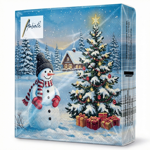 20 Servietten Cool Guard - Schneemann erfreut am Baum 33x33cm
