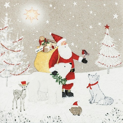 20 Servietten Forest Gathering - Santa mit tierische Freunde 33x33cm