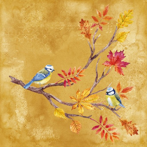 20 Servietten Oiseaux sur Branche de Marronnier - Blaumeisen auf herbstlichem Ast 33x33cm