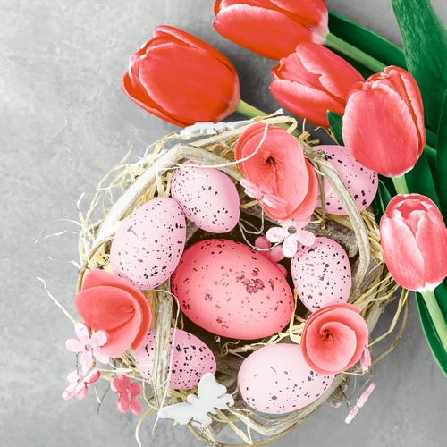 20 Servietten Pink Easter - Eierkorb an Tulpen 33x33cm