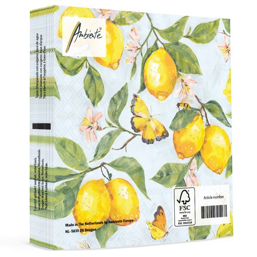 20 Servietten Fresh Lemons blue - Schmetterlinge an frischen Zitronen blau 33x33cm