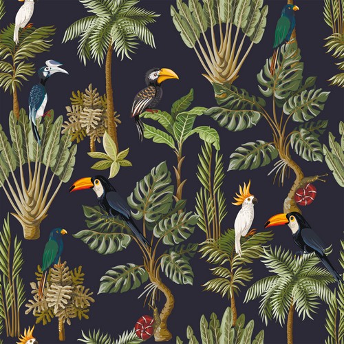 20 Servietten Tropical Garden - Tukane und Kakadus auf schwarz 33x33cm