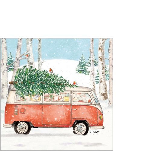 20 kleine Cocktailservietten Christmas Bus - Bus im Winterwald 25x25cm