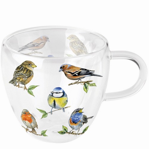 Glas doppelwandig Bird Species white - Vögel aus der Heimat 0,25L, Höhe 9,5cm