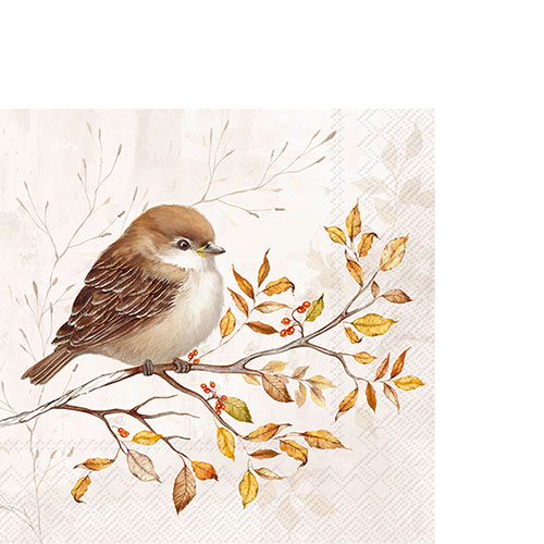 20 kleine Cocktailservietten Autumn Melody cream - Vogel auf Ast voller Herbstblätter 25x25cm
