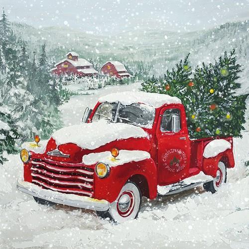 20 Servietten Christmas Truck - Auto mit Weihnachtsbaum 33x33cm