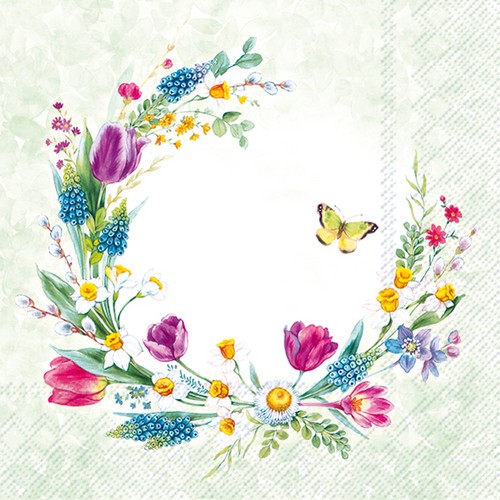 20 Servietten Loving Spring Wreath light green - Blumenkranz im Frühling 33x33cm
