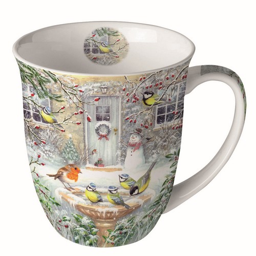 Tasse aus Porzellan Joy Bath - Vögel an Vogeltränke im Winter 0,4L, Höhe 10,5cm