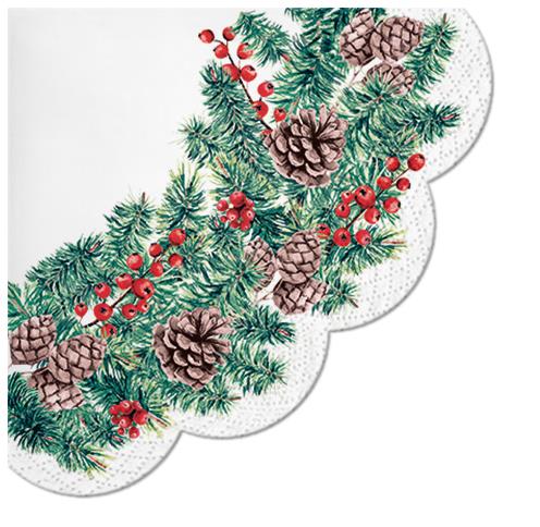 12 Servietten rund Winter Branches - Zapfen im Kranz Ø32cm