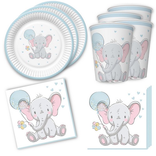 36-teiliges Tischdeko-Set Elephant with blue Ballon - Elefant mit Ballon blau auf Teller, Becher und Servietten