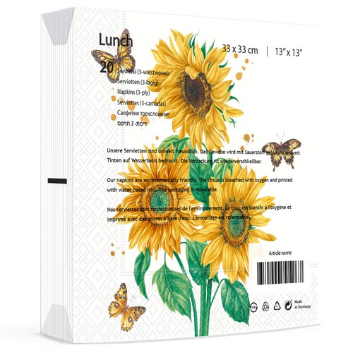 20 Servietten Sunshine Bloom - Sonnenblumen mit Schmetterlinge 33x33cm