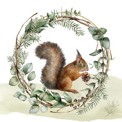 20 Servietten Orava Kartiolla - Eichhörnchen im Naturkranz 33x33cm