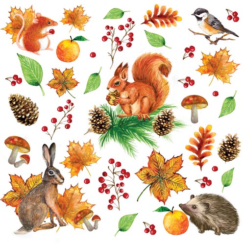 20 Servietten Autumn Moments - Herbstliche Blätter und Tiere  33x33cm