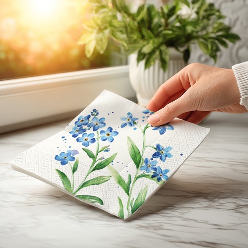 20 kleine Cocktailservietten Azure bloom - Schmetterlinge an blauen Blumen 25x25cm