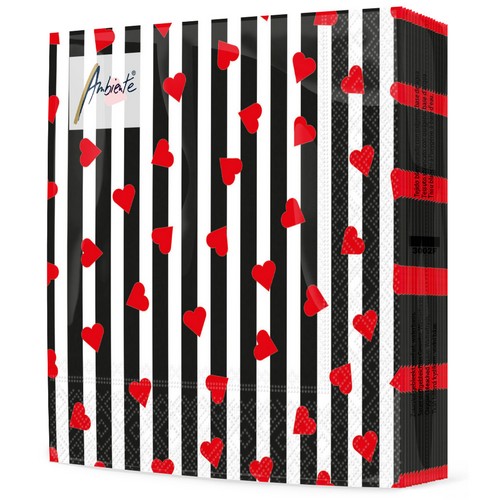20 Servietten Sprinkled Hearts black - Herzen rot auf Streifen schwarz 33x33cm