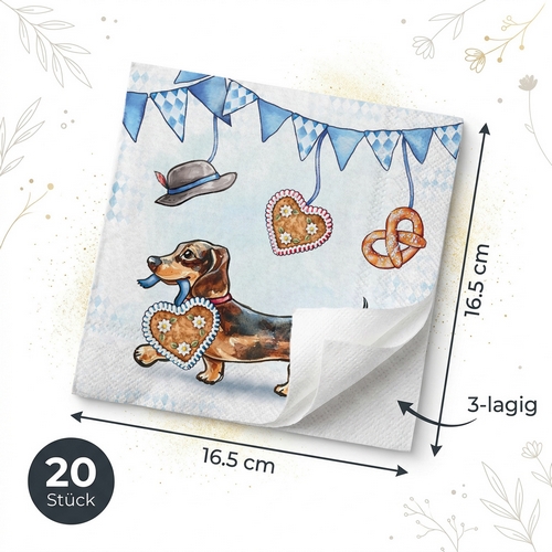 20 Servietten Bavarian Dachshund - Dackel mit Lebkuchenherz 33x33cm