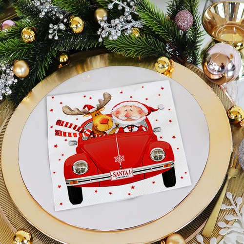 20 Servietten Santas red Car - Santa und Elch im Auto 33x33cm