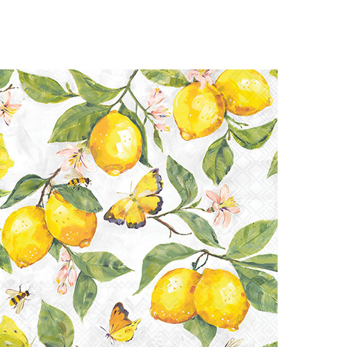20 kleine Cocktailservietten Fresh lemons white  - Schmetterlinge an frischen Zitronen weiß 25x25cm